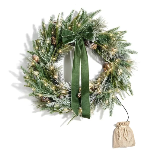 Cypress Winter Wreath with 100 LEDs and Velvet Bow