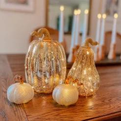 Gold LED Pumpkins with Mercury Glass Finish, Set of 3