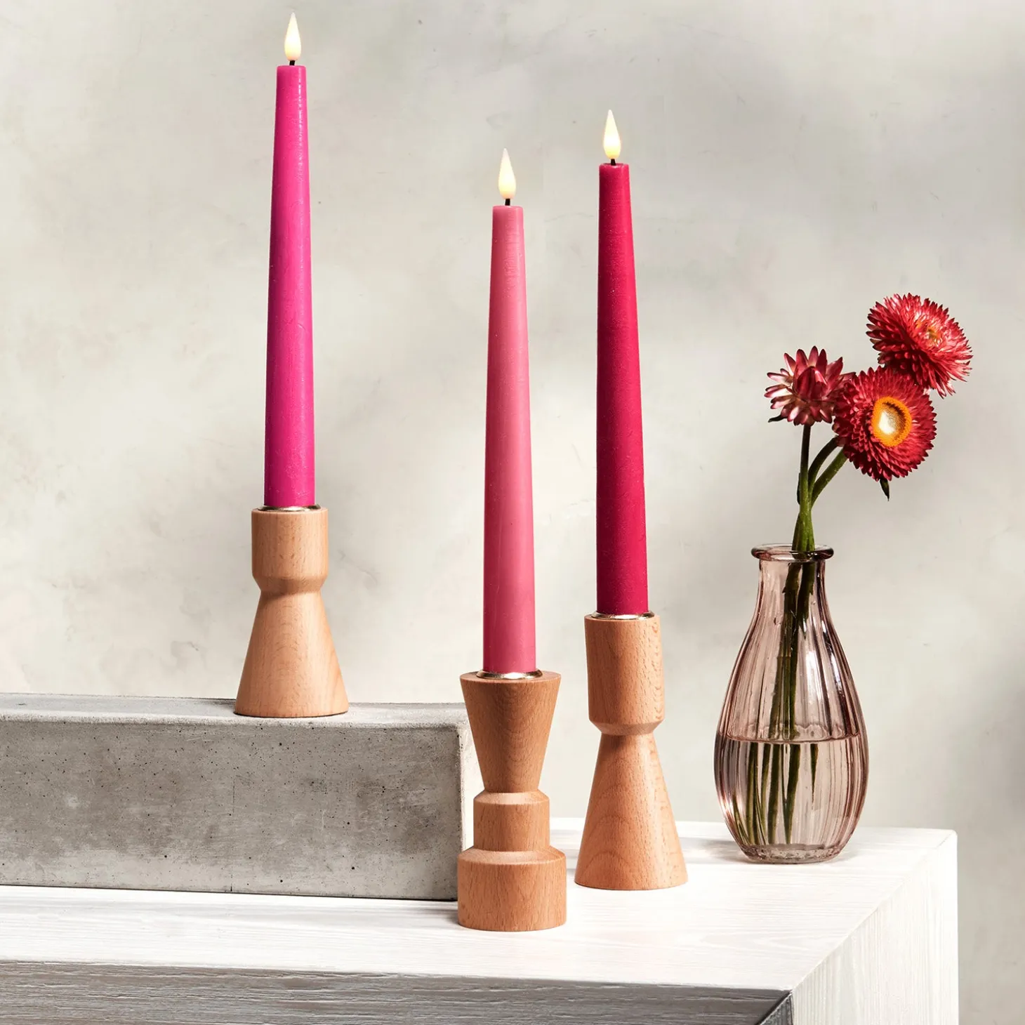 Infinity Wick Gradient Pinks Distressed 9" Taper Candles, Set of 3