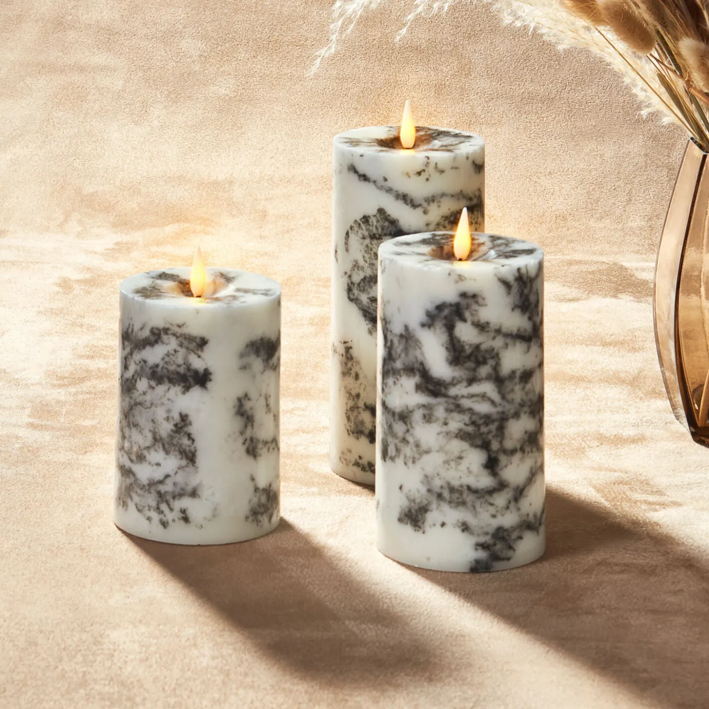 Infinity Wick Marble Pillar Candles, 3" Multipack, Set of 3