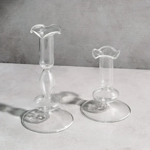 Lily Glass Candle Holders, Clear, Set of 2