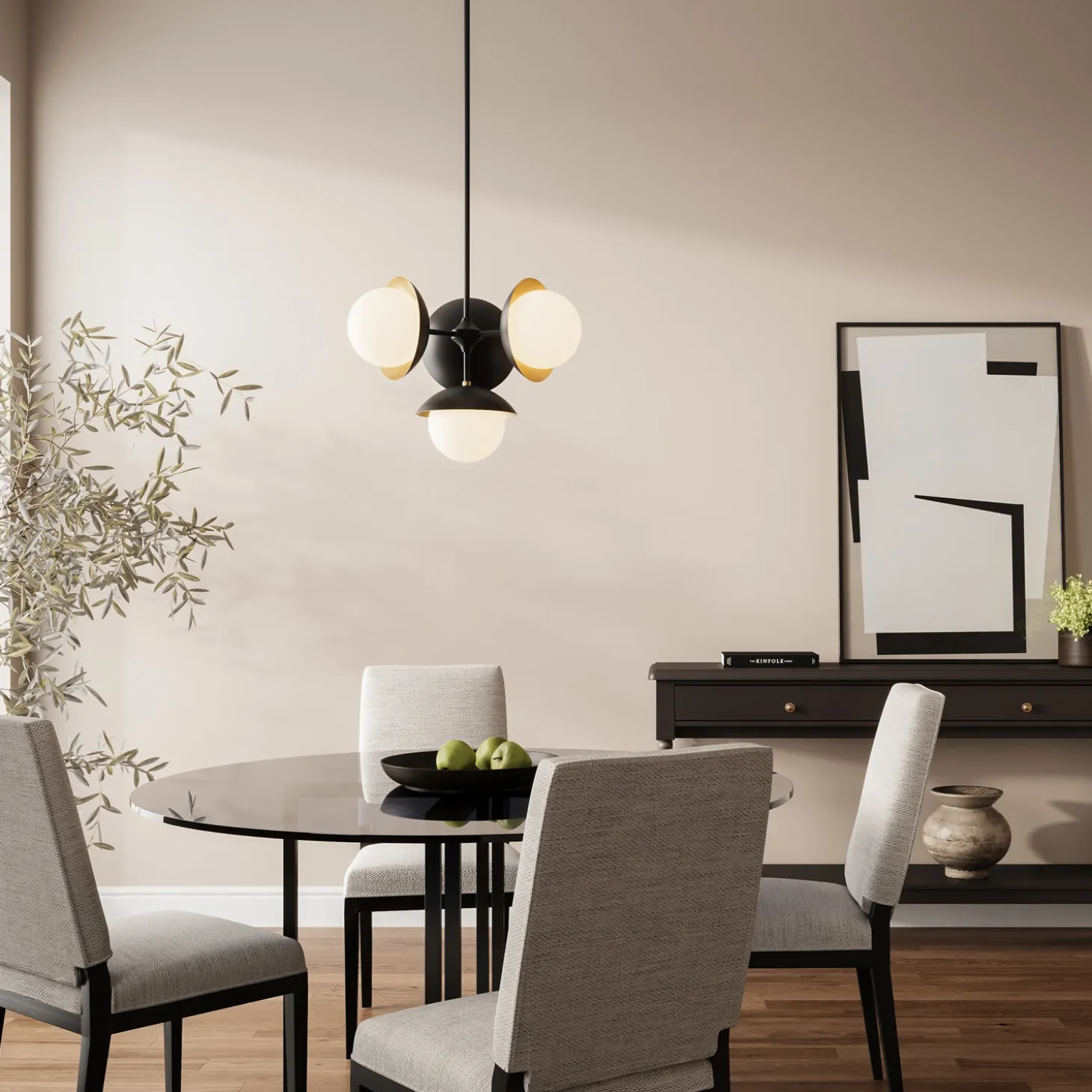 Mira 4 Globe LED Pendant, Matte Black and Satin Brass