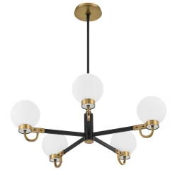 Open Box Ryan 5 Light Chandelier, Matte Black and Aged Brass