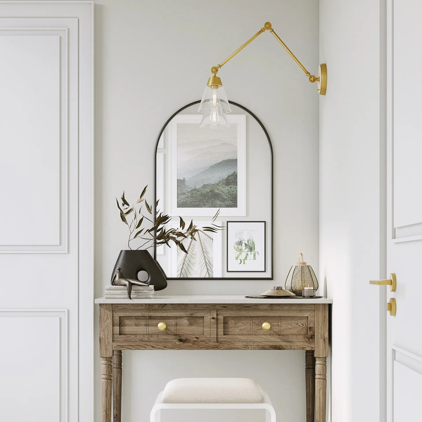 Owen Adjustable Two Arm Wall Light, Satin Brass